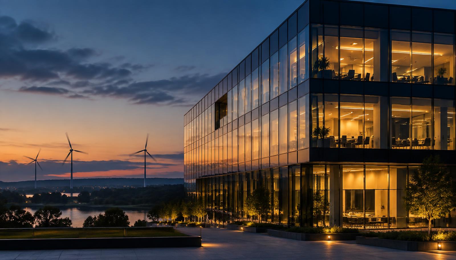 Bürogebäude am Abend als Symbol für gewerblichen Energieeinkauf